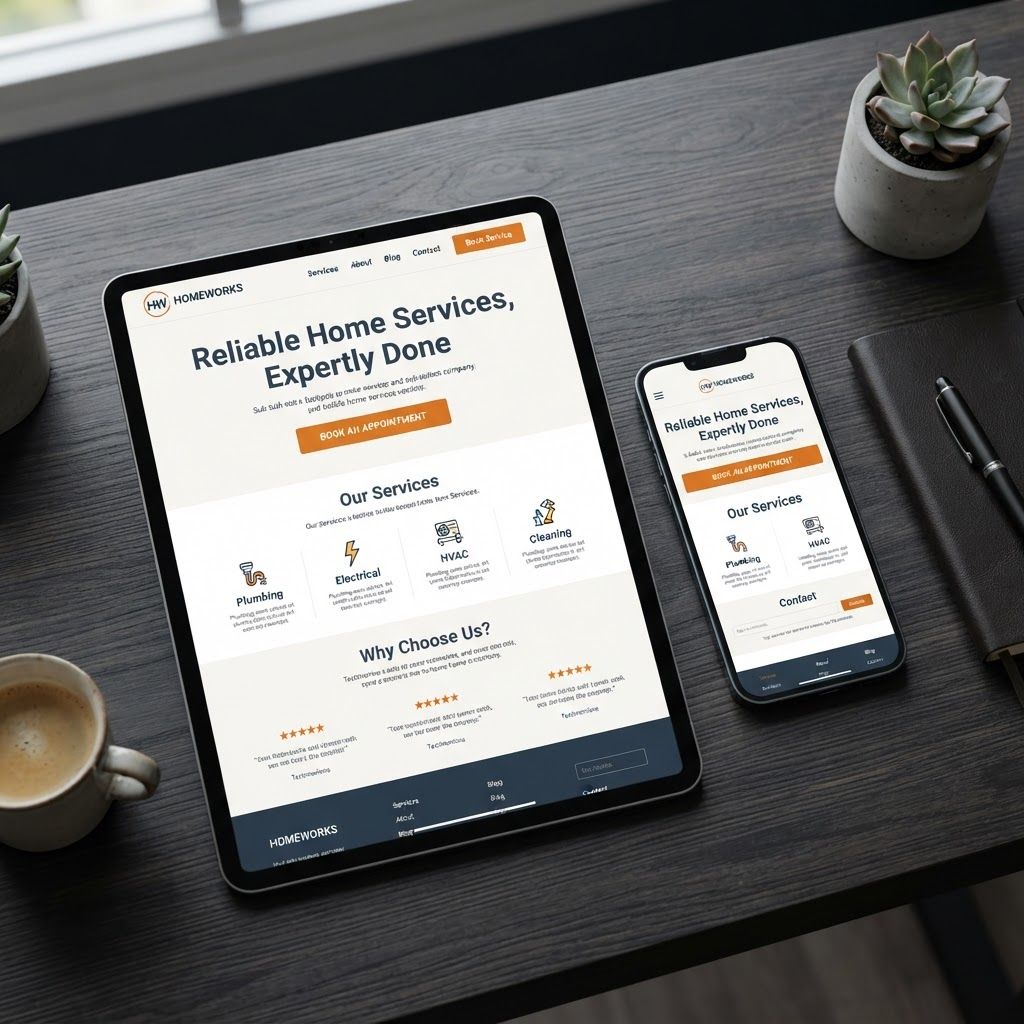 Placeholder mockup of a website and lead capture system for a home services company, shown on a tablet and phone