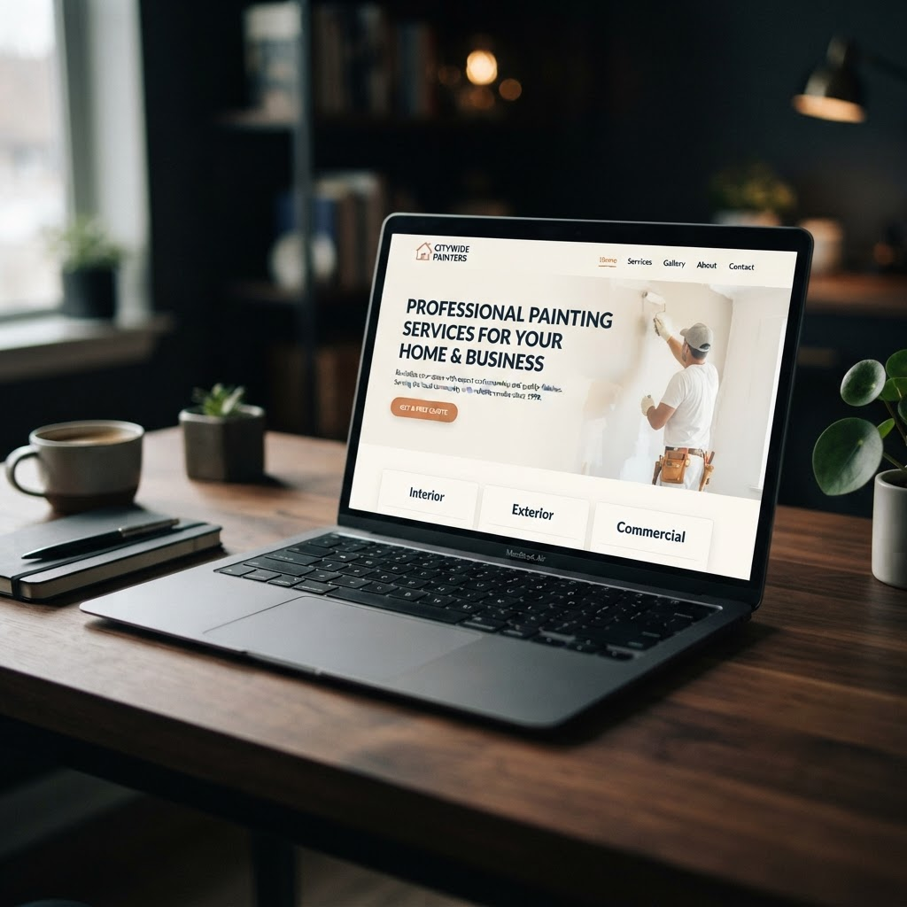 Placeholder mockup of a website redesign for a local painting company, shown on a laptop screen